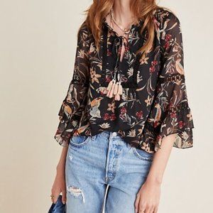 Anthropologie Maeve Odette Floral Tassel Blouse